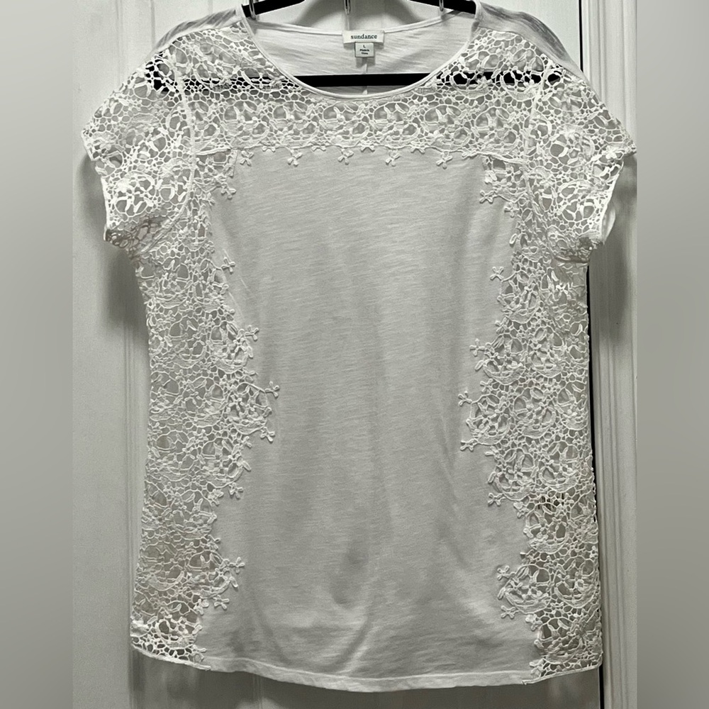 Sundance White Short Sleeve Lace Blouse